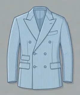 Graphic illustration of a classic light blue pinstriped men's double-breasted jacket, featuring sharp peak lapels, a traditional six-button overlapping front closure, a welt chest pocket, and flap waist pockets including a classic ticket pocket. This sophisticated menswear design represents the expert custom stitching and premium gents' bespoke tailoring services provided by Tailorboutiques.com.