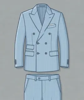 Graphic illustration of a classic light blue pinstriped men's double-breasted suit, featuring a tailored jacket with sharp peak lapels, a six-button overlapping front closure, a pocket square, and flap waist pockets with a ticket pocket, paired with matching flat-front trousers. This sophisticated formalwear design represents the expert custom menswear stitching and premium gents' bespoke tailoring services provided by Tailorboutiques.com.