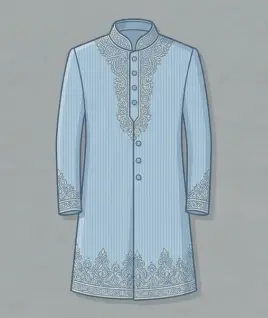 Graphic illustration of a traditional light blue men's Sherwani, featuring a classic mandarin collar, full button front, and intricate ornate embroidery detailing along the neckline, cuffs, and hemline. This elegant ethnic wear design represents the expert custom menswear stitching and premium bespoke groom tailoring services provided by Tailorboutiques.com.