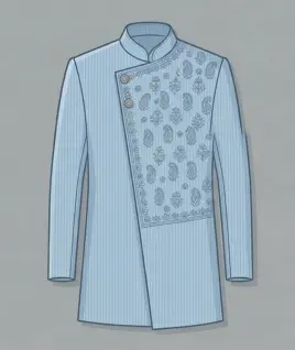 Graphic illustration of a modern light blue men's Indo-Western sherwani, featuring a distinctive asymmetric overlapping front panel adorned with intricate paisley motifs and a classic mandarin collar. This contemporary ethnic wear design represents the premium custom menswear stitching and bespoke tailoring services provided by Tailorboutiques.com.