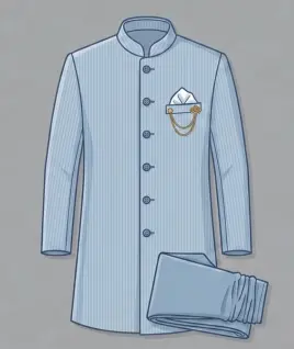 Graphic illustration of a classic light blue pinstriped men's Achkan, featuring a tailored mandarin collar, full button placket, and a stylized pocket square with a decorative golden chain brooch, paired with matching folded trousers. This elegant traditional wear design represents the premium custom menswear stitching and bespoke ethnic tailoring services offered by Tailorboutiques.com.