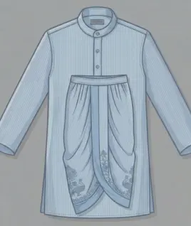 Graphic illustration of a traditional light blue pinstriped men's dhoti kurta set, featuring a classic mandarin collar kurta with a half-button placket, paired with elegantly draped dhoti pants showcasing intricate floral and peacock motifs near the hem. This exquisite ethnic wear design represents the premium custom menswear stitching and bespoke tailoring services provided by Tailorboutiques.com.
