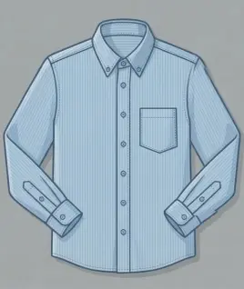Graphic illustration of a classic light blue pinstriped men's formal dress shirt, featuring a crisp button-down collar, full front button placket, and a single left chest pocket. This classic menswear essential represents the expert custom shirt stitching and premium gents' bespoke tailoring services provided by Tailorboutiques.com.