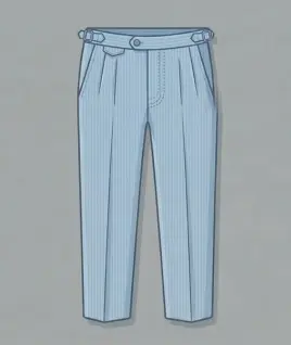 Graphic illustration of classic light blue pinstriped men's formal trousers, featuring a tailored pleated front, side pockets, and a structured waistband with elegant side adjusters. This essential menswear garment represents the expert custom pant stitching and premium gents' bespoke tailoring services provided by Tailorboutiques.com.