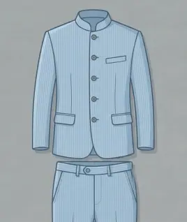 Graphic illustration of a classic light blue pinstriped men's Jodhpuri Bandhgala suit, featuring a tailored mandarin collar, full five-button front closure, chest pocket, and flap pockets, paired with matching dress trousers. This sophisticated traditional wear design represents the premium custom menswear stitching and bespoke gents tailoring services provided by Tailorboutiques.com.