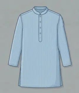 Graphic illustration of a classic light blue pinstriped men's kurta, featuring a traditional mandarin collar, a neat half-button front placket, and a comfortable straight cut with side slits. This elegant ethnic wear design represents the expert custom menswear stitching and premium gents' bespoke tailoring services provided by Tailorboutiques.com.