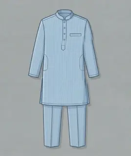 Graphic illustration of a classic light blue pinstriped men's kurta pajama set, featuring a tailored kurta with a traditional mandarin collar, half-button placket, and a single chest pocket, paired with matching straight-cut trousers. This essential ethnic wear design represents the expert custom menswear stitching and premium gents' bespoke tailoring services provided by Tailorboutiques.com.