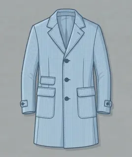 Graphic illustration of a classic light blue pinstriped men's long overcoat, featuring a tailored notch lapel, a three-button front closure, prominent flap waist pockets, and stylish buttoned cuff straps. This sophisticated outerwear design represents the premium custom menswear stitching and bespoke winter coat tailoring services provided by Tailorboutiques.com.