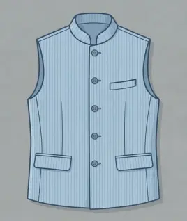 Graphic illustration of a classic light blue pinstriped men's Nehru jacket, featuring a tailored mandarin collar, a five-button front closure, a single chest welt pocket, and dual flap waist pockets. This versatile sleeveless ethnic vest represents the expert custom menswear stitching and premium gents' bespoke tailoring services provided by Tailorboutiques.com.