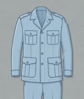 Graphic illustration of a classic light blue pinstriped men's safari suit, featuring a tailored lapel collar, shoulder epaulets, a full button-down front, and four distinctive pleated patch pockets with buttoned flaps, paired with matching trousers. This functional and stylish menswear design represents the expert custom stitching and premium gents' bespoke tailoring services provided by Tailorboutiques.com.