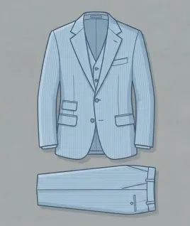 Graphic illustration of a classic light blue pinstriped men's three-piece suit, featuring a tailored two-button jacket with a notch lapel and pocket square, a matching buttoned waistcoat, and folded flat-front dress trousers. This image represents the premium bespoke menswear and custom suit tailoring services offered by Tailorboutiques.com.