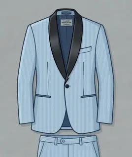 Graphic illustration of a sophisticated light blue pinstriped men's tuxedo suit, featuring a striking contrasting black satin shawl lapel, a single-button closure, and black-piped jetted pockets, paired with matching formal trousers. This elegant evening wear design represents the expert custom menswear stitching and premium gents' bespoke tailoring services provided by Tailorboutiques.com.