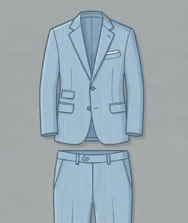 Graphic illustration of a classic light blue pinstriped men's two-piece suit, featuring a tailored two-button jacket with a classic notch lapel, pocket square, and matching flat-front dress trousers. This image represents the premium bespoke menswear and custom suit tailoring services offered by Tailorboutiques.com.