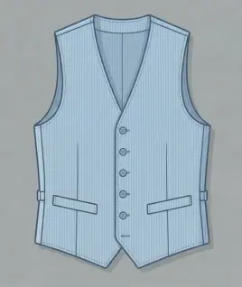 Graphic illustration of a classic light blue pinstriped men's waistcoat, featuring a tailored V-neckline, a five-button front closure, and dual welt pockets at the waist. This essential formalwear layer represents the expert custom menswear stitching and premium gents' bespoke tailoring services provided by Tailorboutiques.com.