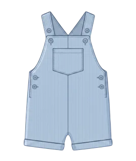 Graphic illustration of light blue pinstriped kids' short overalls, featuring adjustable shoulder straps with button fastenings, a classic front bib patch pocket, practical side button closures, and neatly cuffed leg hems. This adorable children's wear design represents the expert custom kids' garment stitching and premium doorstep tailoring services provided by Tailorboutiques.com.