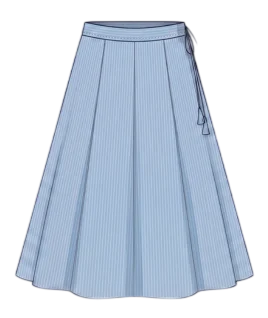 Graphic illustration of a pinstriped women's A-line lehenga skirt, featuring a classic paneled silhouette that flares elegantly from a tailored high waistband, complete with a traditional side drawstring closure adorned with delicate tassels. This elegant ethnic wear design represents the expert custom lehenga stitching and premium doorstep ladies' tailoring services provided by Tailorboutiques.com.