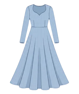 Graphic illustration of a pinstriped women's Anarkali suit, featuring a beautifully tailored bodice with a curved V-neckline, long fitted sleeves, and a dramatically flared, paneled floor-length silhouette. This elegant ethnic wear design represents the expert custom suit stitching and premium doorstep ladies' tailoring services provided by Tailorboutiques.com.