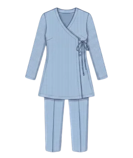 Graphic illustration of a pinstriped women's Angrakha suit, featuring a traditional overlapping wrap-style kurta with a V-neckline, long sleeves, and a distinctive side tie closure adorned with tassels, elegantly paired with matching straight-cut tailored trousers. This classic ethnic wear design represents the expert custom suit stitching and premium doorstep ladies' tailoring services provided by Tailorboutiques.com.