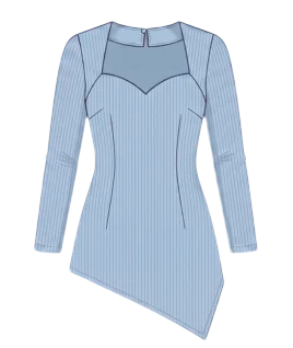 Graphic illustration of a pinstriped women's asymmetric kurti, featuring a stylish illusion sweetheart neckline with a top keyhole button detail, a beautifully tailored bodice with princess seams, long sleeves, and a striking diagonal hemline. This contemporary ethnic wear design represents the expert custom kurti stitching and premium doorstep ladies' tailoring services provided by Tailorboutiques.com.