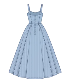 Graphic illustration of the back view of a pinstriped women's ball gown, featuring a beautifully tailored bodice with delicate shoulder straps and a seamless center back zipper closure, perfectly cinched at the waist before gracefully cascading into a voluminous, wide-flared floor-length skirt. This elegant formal western wear design represents the expert custom gown stitching and premium doorstep ladies' tailoring services provided by Tailorboutiques.com.