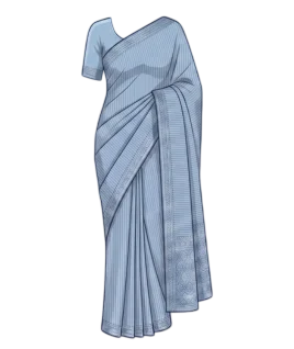 Graphic illustration of an Banarasi silk saree, perfectly draped to showcase neat front pleats, a beautifully detailed silver zari border, and a matching tailored short-sleeve blouse. This exquisite traditional women's ethnic wear represents the expert custom blouse stitching and premium doorstep ladies' tailoring services provided by Tailorboutiques.com.