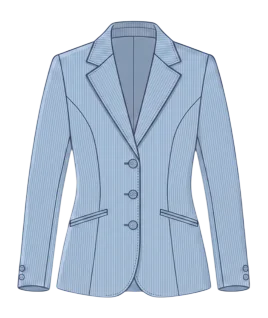 Graphic illustration of a pinstriped women's tailored blazer, featuring a classic notched lapel collar, a structured silhouette enhanced by flattering princess seams, a three-button front closure, sleek welt pockets, and long sleeves finished with buttoned cuffs. This sharp professional wear represents the expert custom blazer stitching and premium doorstep ladies' tailoring services provided by Tailorboutiques.com.