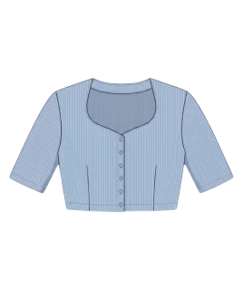 Graphic illustration of a pinstriped women's saree blouse, featuring a elegantly curved sweetheart neckline, a classic full front button placket, tailored front darts for a structured fit, and comfortable half sleeves. This traditional ethnic wear design represents the expert custom blouse stitching and premium doorstep ladies' tailoring services provided by Tailorboutiques.com.