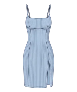 Graphic illustration of a pinstriped women's bodycon dress, featuring delicate spaghetti straps, a classic square neckline, a sleek form-fitting silhouette, and a stylish front side slit. This chic modern western wear design represents the expert custom dress stitching and premium doorstep ladies' tailoring services provided by Tailorboutiques.com.