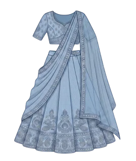 Graphic illustration of a women's bridal lehenga choli set, featuring a heavily embroidered choli blouse with a sweetheart neckline, paired with a heavily flared pinstriped lehenga skirt showcasing elaborate gold embroidered peacock, floral, and paisley motifs along the wide border, and a matching sheer dupatta draped gracefully across the torso. This premium ethnic wedding wear design represents the expert custom bridal lehenga stitching and doorstep ladies' tailoring services provided by Tailorboutiques.com.