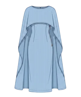 Graphic illustration of a pinstriped women's cape gown, featuring a elegantly tailored, form-fitting inner midi dress layered beneath a dramatic, sweeping floor-length attached cape with a classic high round neckline. This sophisticated formal western wear design represents the expert custom gown stitching and premium doorstep ladies' tailoring services provided by Tailorboutiques.com.