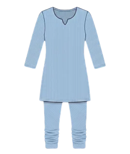 Graphic illustration of a pinstriped women's churidar suit, featuring a beautifully tailored mid-length kurta with a classic notched round neckline and three-quarter sleeves, perfectly paired with traditional fitted churidar pants displaying characteristic gathers at the ankles. This classic ethnic wear design represents the expert custom suit stitching and premium doorstep ladies' tailoring services provided by Tailorboutiques.com.