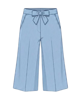 Graphic illustration of pinstriped women's culottes, featuring a flattering high-waisted design accented with a prominent decorative front bow tie, practical slanted side pockets, and a stylish wide-leg cropped silhouette. This chic modern western wear represents the expert custom trouser stitching and premium doorstep ladies' tailoring services provided by Tailorboutiques.com.