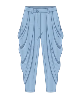 Graphic illustration of pinstriped women's dhoti pants, featuring a tailored waistband complete with belt loops and a front button closure, and a distinctive draped cowl silhouette that tapers elegantly to the ankles. This stylish fusion ethnic wear design represents the expert custom pant stitching and premium doorstep ladies' tailoring services provided by Tailorboutiques.com.