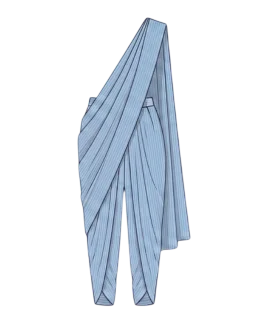 Graphic illustration of a pinstriped women's pre-stitched dhoti saree, featuring a unique fusion silhouette with elegantly draped dhoti-style pants that taper at the ankles, seamlessly integrated with a beautifully pleated attached pallu draped gracefully over one shoulder. This stylish fusion ethnic wear design represents the expert custom saree stitching and premium doorstep ladies' tailoring services provided by Tailorboutiques.com.