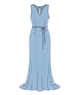 Graphic illustration of a pinstriped women's evening gown, featuring a sophisticated sleeveless bodice with a split keyhole V-neckline, a tailored high waist highlighted by a matching slim tie belt, and a flowing, elegantly flared floor-length maxi skirt. This chic formal western wear design represents the expert custom gown stitching and premium doorstep ladies' tailoring services provided by Tailorboutiques.com.