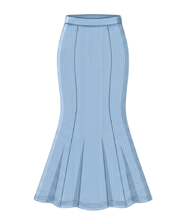 Graphic illustration of a vibrant pinstriped women's fish cut mermaid lehenga skirt, featuring a tailored high waistband, a sleek form-fitting silhouette through the hips and thighs, and a dramatic flared paneled hemline. This elegant ethnic wear design represents the expert custom lehenga stitching and premium doorstep ladies' tailoring services provided by Tailorboutiques.com.