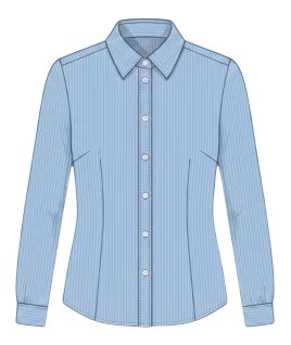 Graphic illustration of a pinstriped women's formal shirt, featuring a classic pointed collar, a full front button placket, perfectly tailored bust darts for a structured fit, and long sleeves with buttoned cuffs. This crisp professional garment represents the expert custom shirt stitching and premium doorstep ladies' tailoring services provided by Tailorboutiques.com.