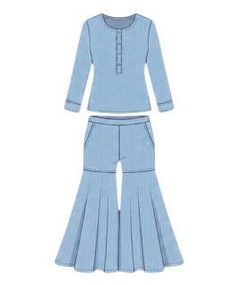 Graphic illustration of a vibrant pinstriped women's gharara suit, featuring a tailored short kurti with a classic round neckline, a delicate front button placket, and long sleeves, elegantly paired with traditional gharara pants that are fitted to the thigh and flare dramatically from the knee down, complete with practical side pockets. This exquisite ethnic wear design represents the expert custom suit stitching and premium doorstep ladies' tailoring services provided by Tailorboutiques.com.
