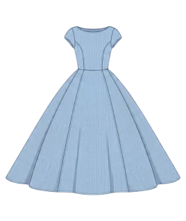 Graphic illustration of an elegant pinstriped floor-length gown, featuring a fitted bodice with cap sleeves, a clean boat neckline, and a dramatically flared A-line skirt with structured panels. This stunning evening dress design represents the expert custom gown stitching and premium doorstep ladies' tailoring services provided by Tailorboutiques.com.