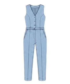 Graphic illustration of a vibrant pinstriped women's sleeveless jumpsuit, featuring a tailored vest-style bodice with a sharp V-neckline and front button closure, a defined waist accentuated by a matching slim belt, and sleek straight-leg trousers complete with elegant front creases and slanted side pockets. This chic modern western wear represents the expert custom jumpsuit stitching and premium doorstep ladies' tailoring services provided by Tailorboutiques.com.