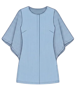 Graphic illustration of a vibrant pinstriped women's kaftan kurti, featuring a comfortable, relaxed silhouette with a classic round neckline, a delicate short front button placket, and elegant, flowing wide batwing sleeves. This stylish and breezy ethnic wear design represents the expert custom kurti stitching and premium doorstep ladies' tailoring services provided by Tailorboutiques.com.