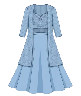 Graphic illustration of a vibrant women's lehenga choli set with a matching jacket, featuring an intricately embroidered bustier-style cropped choli, a beautifully flared high-waisted lehenga skirt, and elegantly layered with an open-front long jacket adorned with delicate floral embroidery and three-quarter sleeves. This stunning fusion ethnic wear design represents the expert custom lehenga stitching and premium doorstep ladies' tailoring services provided by Tailorboutiques.com.