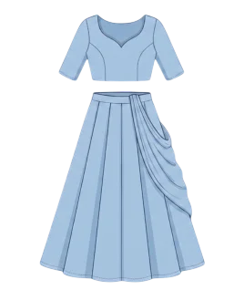 Graphic illustration of a vibrant pinstriped women's lehenga choli set, featuring a tailored cropped blouse with a beautiful sweetheart neckline and half sleeves, elegantly paired with a flared high-waisted lehenga skirt showcasing a stylish pre-draped side pallu detail. This modern ethnic wear design represents the expert custom lehenga stitching and premium doorstep ladies' tailoring services provided by Tailorboutiques.com.