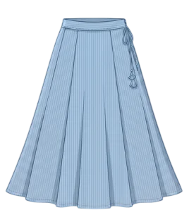 Graphic illustration of a vibrant pinstriped women's long ethnic skirt, featuring a beautifully flared paneled silhouette, a tailored waistband, and a traditional side drawstring closure adorned with decorative tassels. This elegant ethnic wear design represents the expert custom skirt stitching and premium doorstep ladies' tailoring services provided by Tailorboutiques.com.