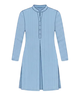 Graphic illustration of a vibrant pinstriped women's long kurta, featuring a stylish mandarin collar with a V-notch, a buttoned half-placket, long sleeves, and a distinctive front center slit along with classic side slits. This elegant ethnic wear design represents the expert custom kurti stitching and premium doorstep ladies' tailoring services provided by Tailorboutiques.com.