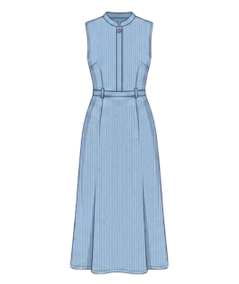 Graphic illustration of a pinstriped women's sleeveless maxi dress, featuring a chic mandarin collar, a front half-button placket, a tailored fit with a matching waist belt, and a flowing, elegantly flared ankle-length skirt. This sophisticated western wear design represents the expert custom dress stitching and premium doorstep ladies' tailoring services provided by Tailorboutiques.com.