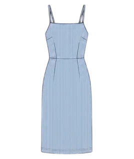Graphic illustration of a pinstriped women's midi dress, featuring delicate spaghetti straps, a classic square neckline, a perfectly tailored bodice with bust darts, and a sleek, straight silhouette. This chic western wear design represents the expert custom dress stitching and premium doorstep ladies' tailoring services provided by Tailorboutiques.com.