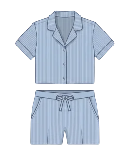 Graphic illustration of a pinstriped women's night suit set, featuring a relaxed short-sleeved button-down shirt with a classic notch lapel collar, paired with comfortable matching shorts complete with a functional drawstring waistband and slanted side pockets. This cozy loungewear ensemble represents the expert custom nightwear stitching and premium doorstep ladies' tailoring services provided by Tailorboutiques.com.