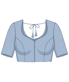 Graphic illustration of a pinstriped padded saree blouse, featuring a deep sweetheart neckline, tailored princess seams for a perfect fit, short sleeves, and a traditional tie-back dori with tassels. This elegant women's ethnic garment represents the expert custom blouse stitching and premium doorstep ladies' tailoring services provided by Tailorboutiques.com.