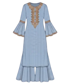 Graphic illustration of a pinstriped women's Pakistani suit, featuring a long straight-cut kurta adorned with intricate embroidery around the round neckline and buttoned placket, dramatic flared bell sleeves with decorative trim, elegantly paired with matching wide-flared pants. This exquisite ethnic wear design represents the expert custom suit stitching and premium doorstep ladies' tailoring services provided by Tailorboutiques.com.